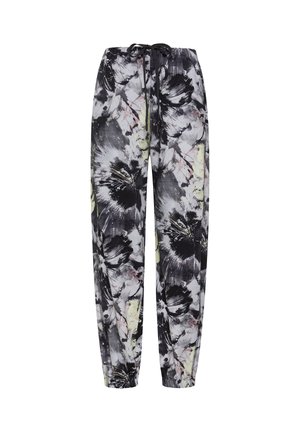 Sort-hvide bukser med blomsterprint og snøre i taljen, med elastiske manchetter og letvægtsstof.