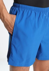 Pantalones cortos atléticos azules hechos de un tejido ligero, con una cinturilla elástica y bolsillos laterales, con un panel de contraste en un tono más oscuro.