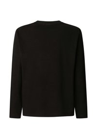 Črna majica z dolgimi rokavi in okroglim izrezom, izdelana iz mehke tkanine. Ponaša se s preprostim dizajnom brez vidnih vzorcev ali okraskov.