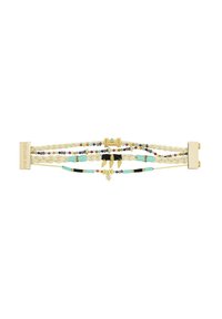 Bracelet tressé en crème, comportant des perles multicolores, des accents dorés et un charm décoratif. Les brins incluent des sections turquoise et noires.