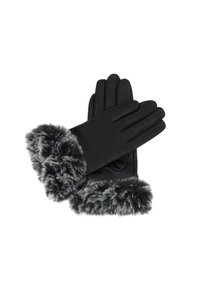 Crne kožne rukavice s mekanim, sivim krznom na manžetama. Rukavice imaju klasičan dizajn s pet prostora za prste i glatkom teksturom.