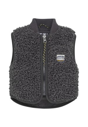 Grauer ärmelloser Westen mit einer strukturierten Fleece-Oberfläche, glattem Innenfutter, Reißverschluss und einem kleinen Aufnäher mit Text auf der Vorderseite.