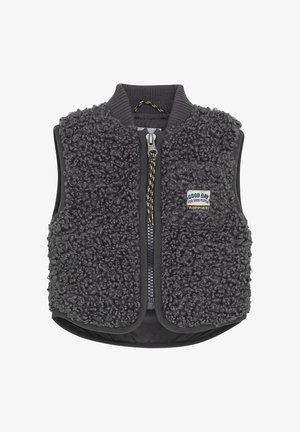 Grauer ärmelloser Westen mit einer strukturierten Fleece-Oberfläche, glattem Innenfutter, Reißverschluss und einem kleinen Aufnäher mit Text auf der Vorderseite.