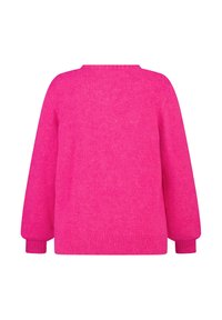 Fuchsia gebreide trui met een ronde halslijn, lange mouwen en geribbelde manchetten. Zachte textuur met een boxy vorm en een minimalistisch ontwerp.