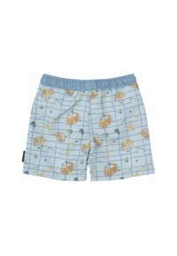 Pantaloni da bagno blu con vita elasticizzata, dotati di un motivo a granchio e vita marina, design a griglia e tessuto morbido e leggero.