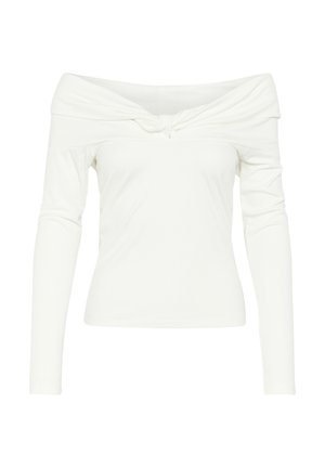 Vit off-shoulder topp tillverkad av ribbat tyg, med lång ärm och en vriden knutdetalj fram. Slät textur.