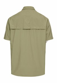 Koszula z krótkim rękawem w oliwkowym kolorze, z karczkiem z tyłu i luźnym krojem. Gładka tekstura i klasyczny design.