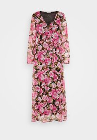 Lång blommig klänning med svart bakgrund och rosa och vita blommor, V-ringning, långa ärmar och en knytning i midjan. Genomskinligt tyg.