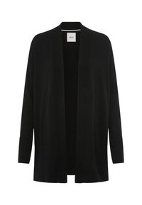 Schwarzer Cardigan aus Strickmaterial mit einem Schalkragen, offener Front und gerippten Bündchen. Hat einen lässigen Schnitt und ein minimales Design.