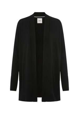 Zwarte cardigan van gebreid materiaal met een sjaalkraag, open voorkant en geribde manchetten. Heeft een ontspannen pasvorm en een minimalistisch ontwerp.