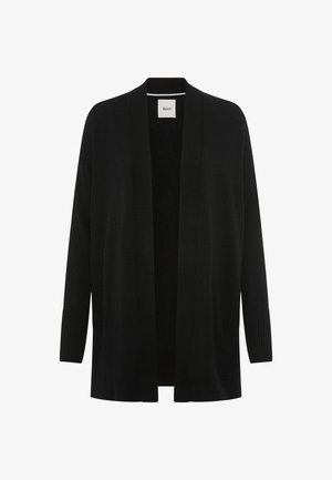 Schwarzer Cardigan aus Strickmaterial mit einem Schalkragen, offener Front und gerippten Bündchen. Hat einen lässigen Schnitt und ein minimales Design.