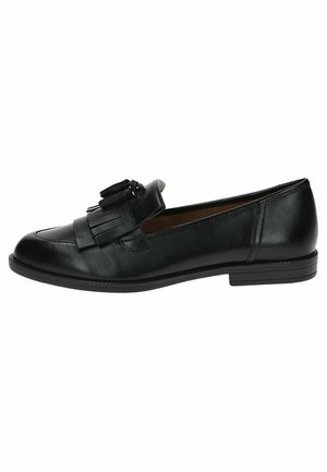 Black leather loafer with fringe and tassel details, low heel, and rounded toe, shown in right side profile on white background.