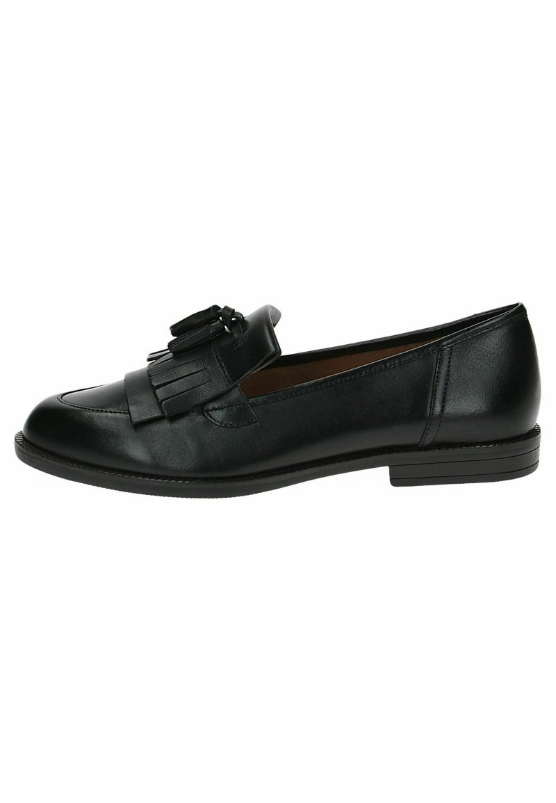 Mocassin en cuir noir avec détails à franges et pompons, petit talon et bout arrondi, présenté de profil droit sur fond blanc.