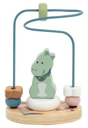 Wooden stacking toy featuring a green dinosaur figure with a blue scarf, a curved blue wire, and colorful beads on a circular wooden base.