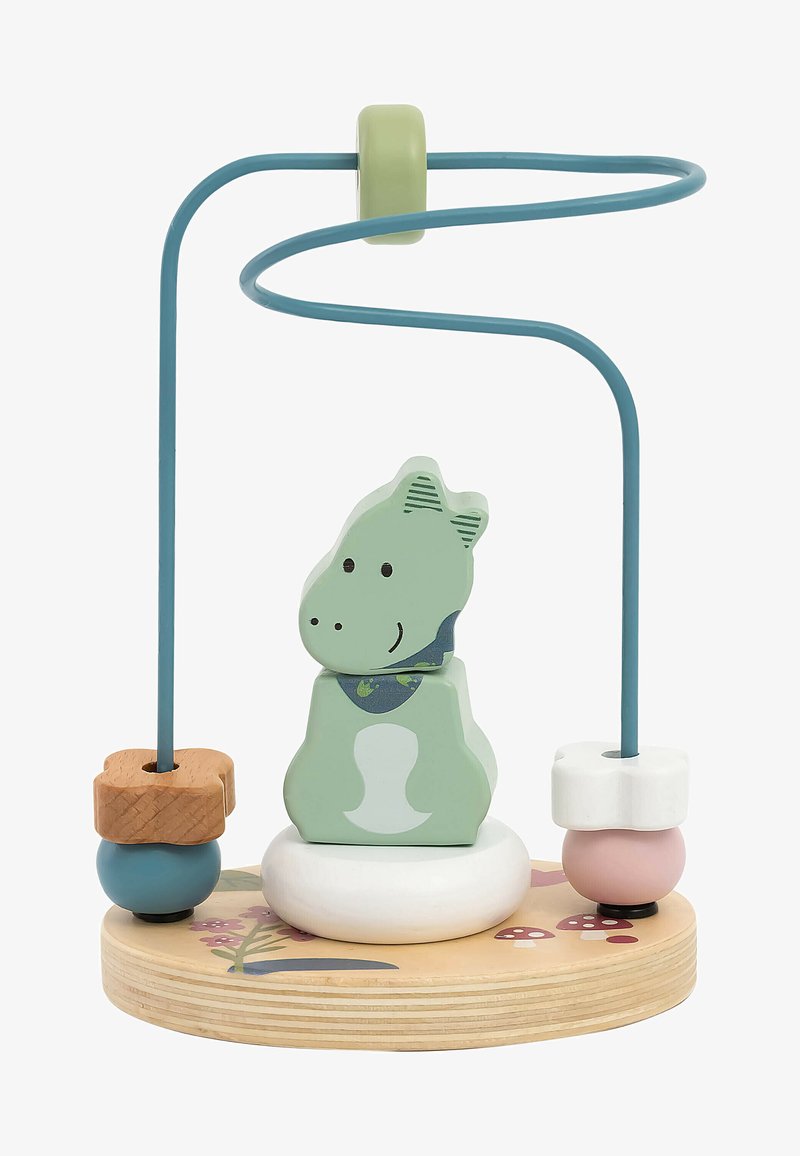 Wooden stacking toy featuring a green dinosaur figure with a blue scarf, a curved blue wire, and colorful beads on a circular wooden base.