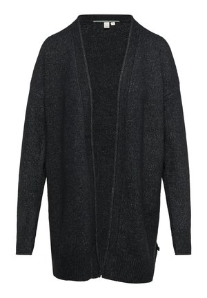 Zwarte open voorzijde cardigan gemaakt van een gestructureerd brei-materiaal. Kenmerken lange mouwen en geribbelde accenten bij de mouwen en de zoom.