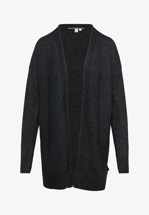 Zwarte open voorzijde cardigan gemaakt van een gestructureerd brei-materiaal. Kenmerken lange mouwen en geribbelde accenten bij de mouwen en de zoom.