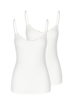 Two white women's camisoles with thin straps and lace trim, displayed against a plain background.