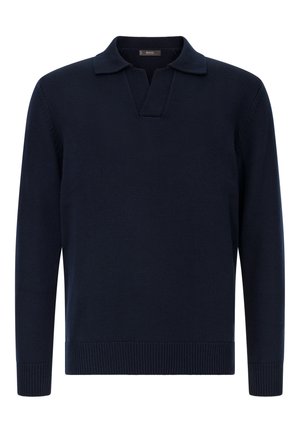 Suéter de punto azul marino con un cuello corto y escote en forma de V. Presenta puños y dobladillo acanalados para mayor textura y ajuste.