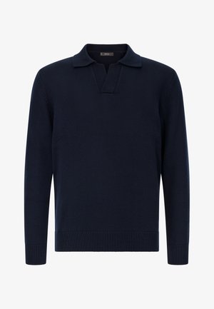 Marineblauwe gebreide pullover met een korte kraag en v-hals. Voorzien van ribgebreide manchetten en zoom voor extra textuur en pasvorm.