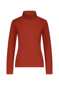 Langsleeve turtleneck van roestkleurige stretchstof. Heeft een getailleerde vorm en een gladde textuur met een hoge, opgerolde kraag.