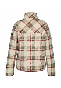 Fleecejacke mit einer cremefarbenen Basis und einem roten und grauen Karomuster. Stehkragen, lange Ärmel und keine sichtbaren vorderen Verschlüsse.