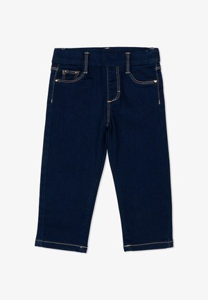 Jean bleu foncé pour tout-petit avec surpiqûres orange, poches avant, passants de ceinture et coupe droite.