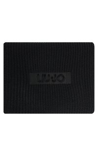 Portafoglio in tessuto lavorato a maglia nera, con superficie testurizzata e etichetta logo in raso nera con la scritta "LIU•JO" in rilievo. Forma rettangolare.