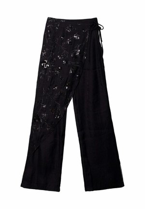 Pantalones anchos negros con panel envolvente asimétrico bordado con lentejuelas florales y atados en el lateral.