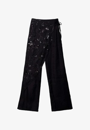 Pantalones anchos negros con panel envolvente asimétrico bordado con lentejuelas florales y atados en el lateral.