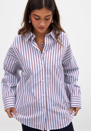 Prúhovaná košeľa s gombíkmi vo svetlomodrej farbe s burgundskými pásikmi, s klasickým golierom, dlhými rukávmi a zakriveným lemom.