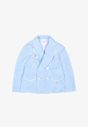 Lichtblauwe dubbelrijige blazer met witte bies, vier knopen, brede revers, twee voorzakken en een klein metalen logobadge.