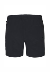 Pantaloni scurți de baie negri, realizați dintr-un material ușor, cu un tiv elastic și o nefastă la spate cu închidere prin buton.