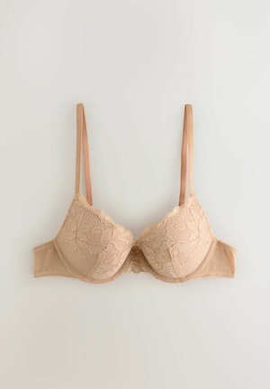Beige kanten beha met gladde onderdraadbekers, kanten rand aan de bovenkant, verstelbare smalle banden en een naadloze stoffen band.
