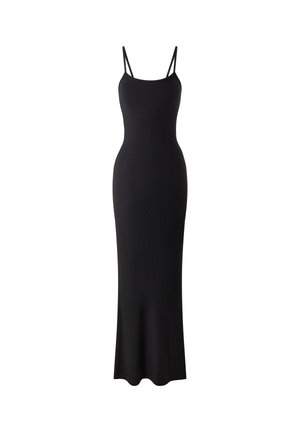 Black ribbed maxi dress with thin adjustable straps, fitted silhouette, and a gently flared hem. Made from a stretchy fabric for comfort.