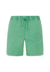 Groene zwembroek van zacht materiaal met een elastische tailleband en een trekkoord. Heeft een eenvoudig ontwerp en is boven de knie lang.