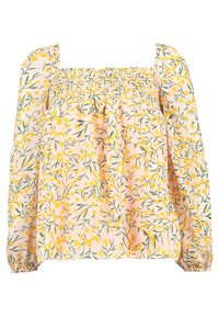 Kukkakuvioinen paita neliökaula-aukolla, valmistettu pehmeästä kankaasta. Siinä on keltaisia kukkakuviota persikan värisellä taustalla ja joustavat hihat.