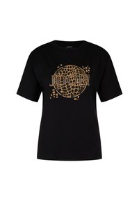 T-shirt en coton noir avec un imprimé graphique doré dans un design circulaire, comprenant le mot "JOOP!" et un motif texturé. Manches courtes.