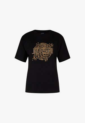 Black cotton t-shirt featuring a gold graphic print in a circular design with the word "JOOP!" and a textured pattern. Short sleeves.