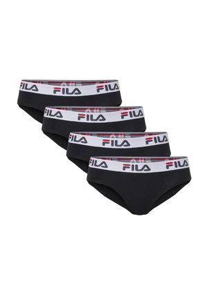 Fire sorte Fila briefs med hvide elastiske linninger med Fila-logo i sort og rød.