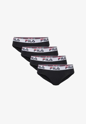 Fire sorte Fila briefs med hvide elastiske linninger med Fila-logo i sort og rød.