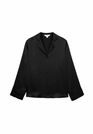 Camisa negra de satén de manga larga con botones, cuello con muesca y puños, extendida sobre un fondo blanco.