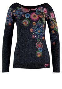 Sort sweater med lange ærmer, prydet med farverig blomster- og geometrisk broderi. Glitrende tekstur og ribbet kant. "Design" logo i pink.