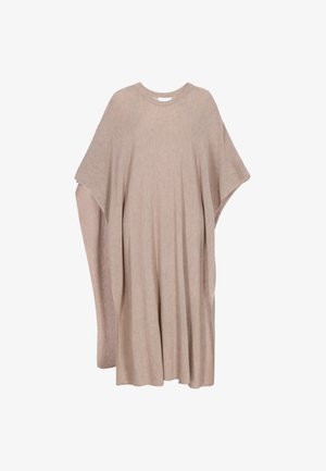Beżowa sukienka w stylu ponczo o luźnym kroju, prążkowanej fakturze i krótkich rękawach, z okrągłym dekoltem i luźną sylwetką.
