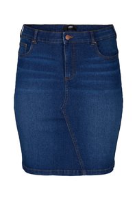 Denim svinčnik krilo, temno modro, srednje dvignjeno, s kovinskim gumbom za zapiranje, stranskimi žepi in subtilnim zbledanjem na tkanini. Čista obroba in prilegajoča se zasnova.