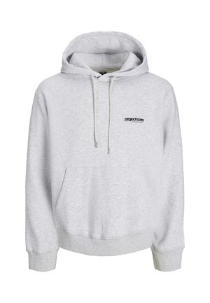 Szary, bawełniany hoodie z kieszenią z przodu, kapturem ze sznurkiem i czarnym logo na klatce piersiowej. Posiada żebrowane mankiety i dół.