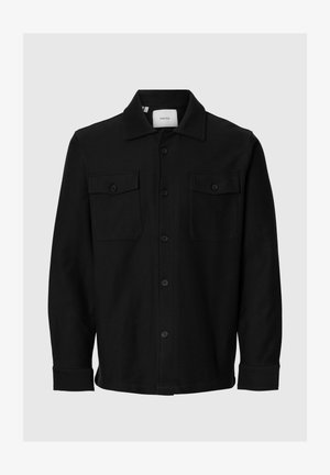 Černá kožená bunda s dvěma náprsními kapsami a rozhaleným límcem, dlouhými rukávy a rovně střiženým lemem.