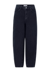Pantalons en denim bleu foncé à taille haute, fermeture à bouton et poches latérales. Coupe ample avec des jambes fuselées et une texture subtile.