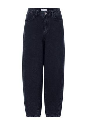 Pantaloni in denim blu scuro con vita alta, chiusura a bottoni e tasche laterali. Vestibilità ampia con gambe affusolate e una trama sottile.