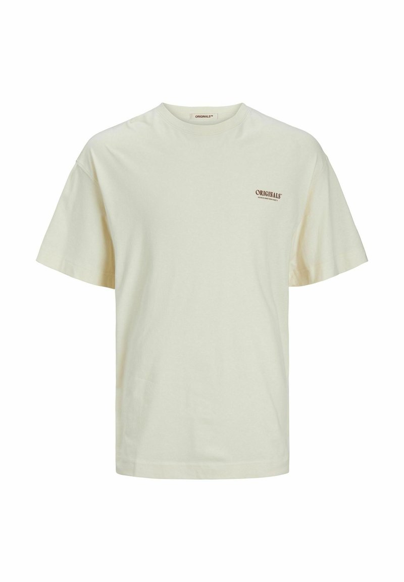 T-shirt in cotone color crema con vestibilità relaxed, maniche corte e un piccolo logo marrone sulla zona sinistra del petto. Texture liscia.